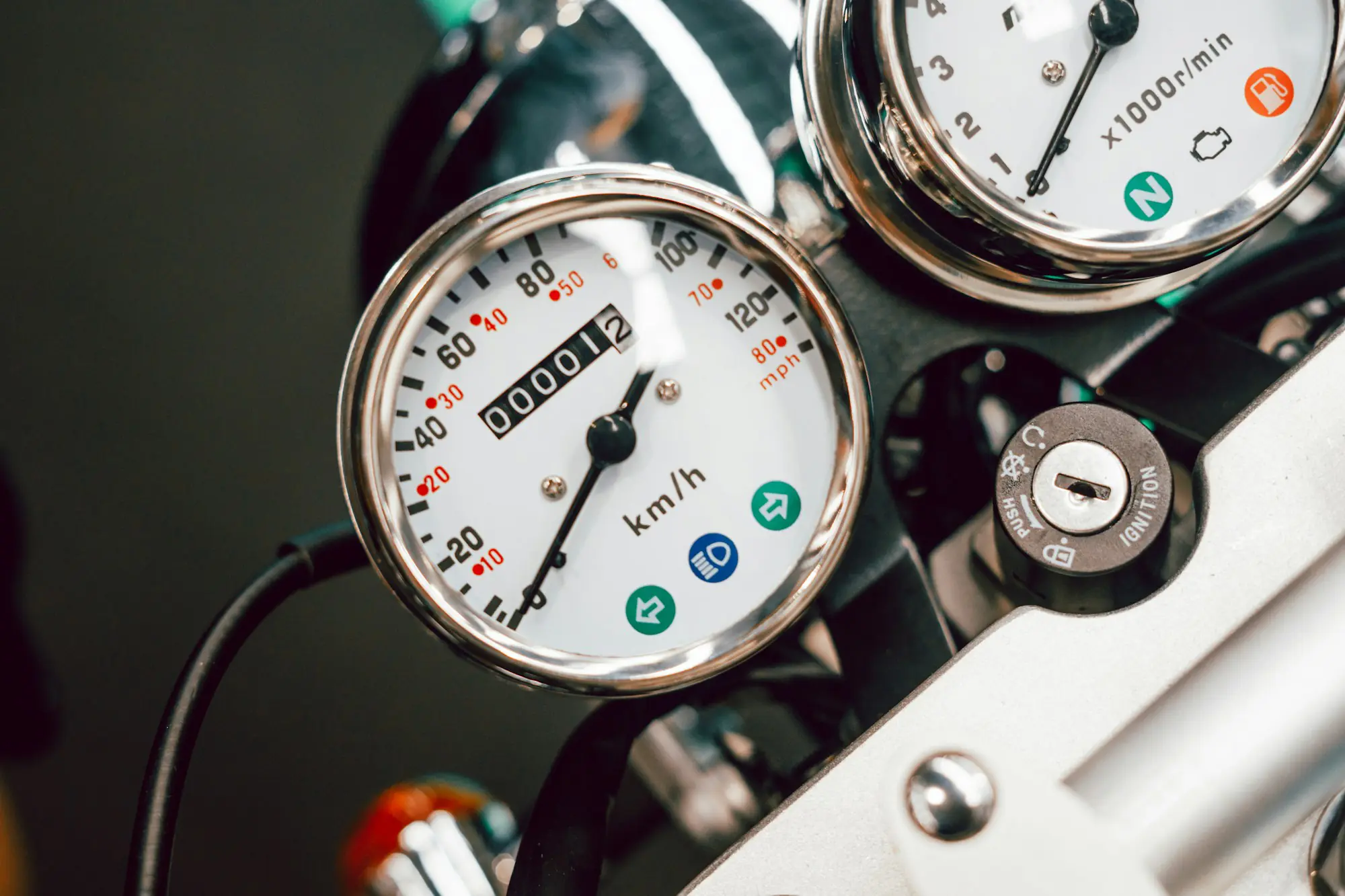 Detail of the speedometer on a motorbike